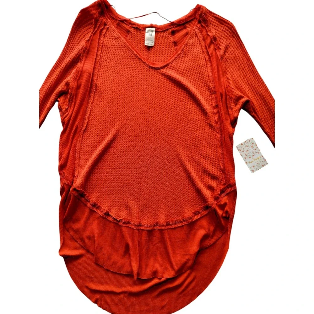 New Free People Women's‎ Orange Catalina Waffle Knit Thermal Top Size XS - Picture 3 of 11
